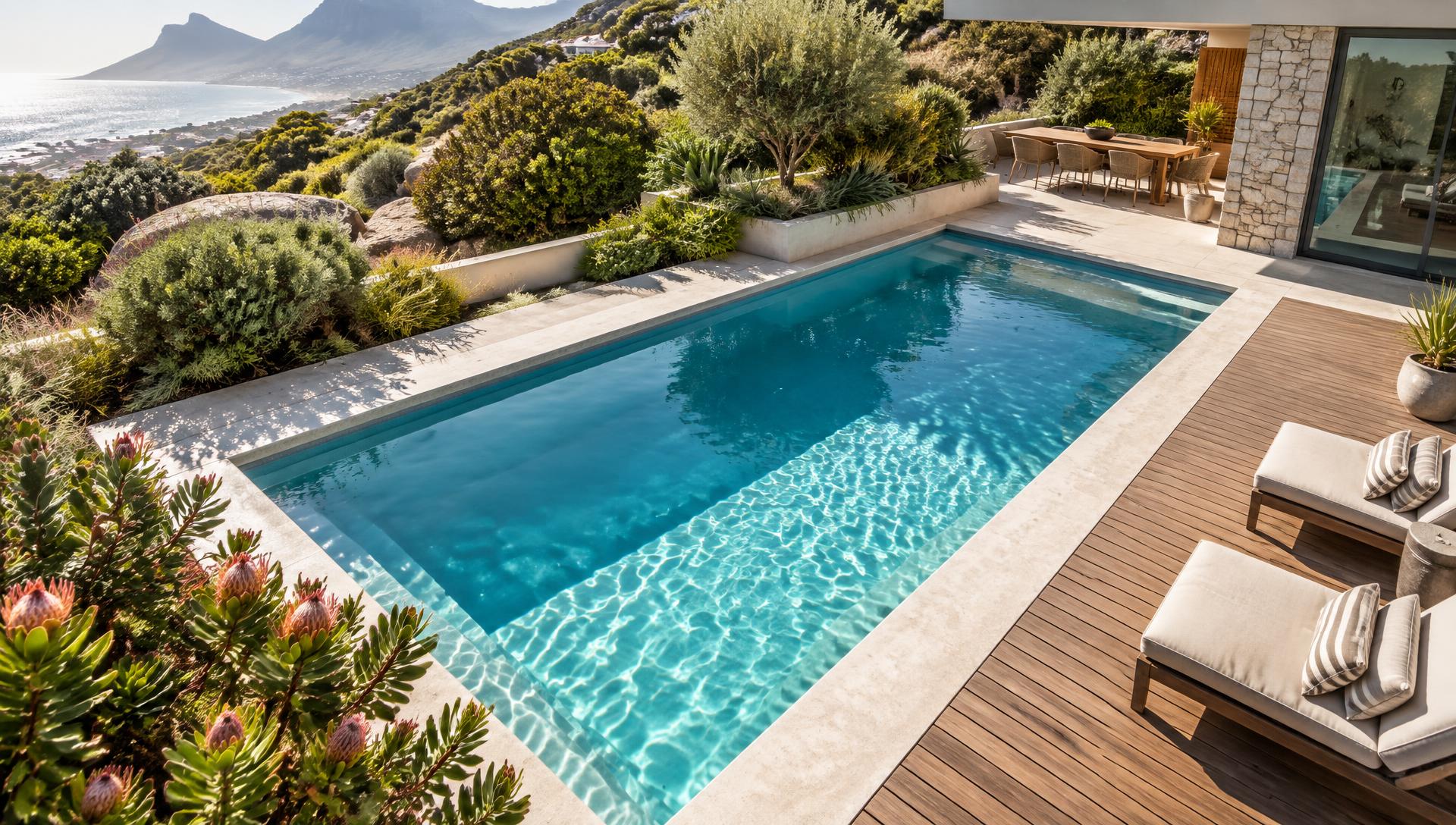 Contemporary swimming pool overlooking the Cape coastline
